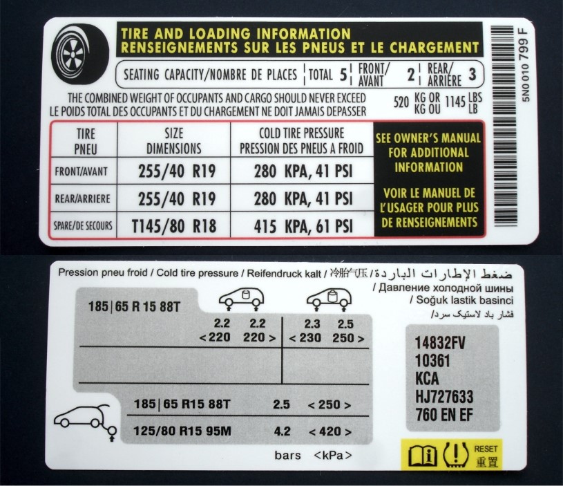 Наклейки с информацией о шинах и нагрузках Peugeo, Volkswagen