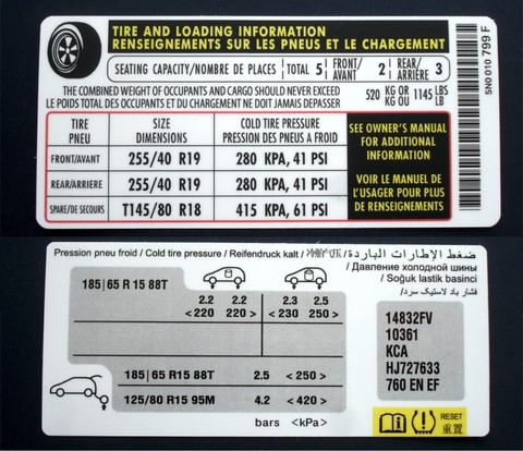 Наклейки с информацией о шинах и нагрузках Peugeo, Volkswagen