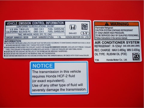 honda acura сертификационные наклейки технические